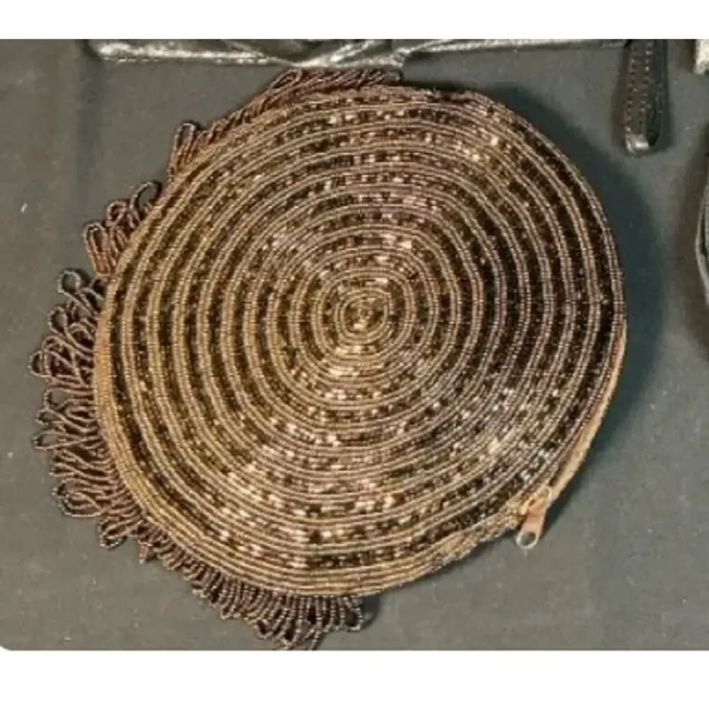 Round Beaded Evening Purse Bronze Spiral Fringe Clutch